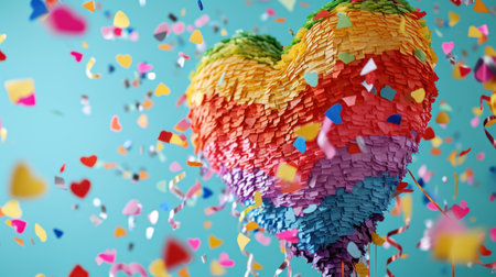 3d rendering of heart shaped balloon with confetti on blue backgroundの素材