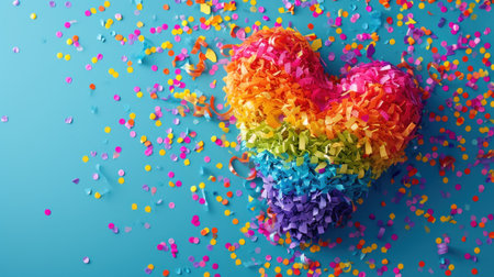 Rainbow heart with confetti on blue background. 3d renderingの素材