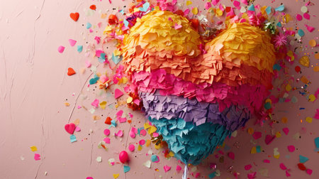 Rainbow heart with confetti on pink background. Valentines day conceptの素材