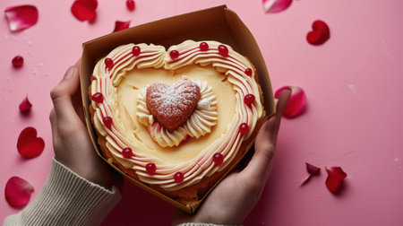 Heart-shaped cake in female hands on a pink background with rose petalsの素材