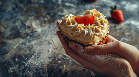Female hand holding cupcake with whipped cream and strawberries on rustic backgroundの素材