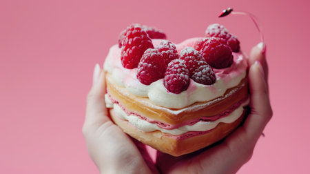 Female hands hold a box with a cupcake on a pink backgroundの素材