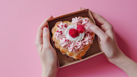 Top view of female hands holding cake with cream and raspberry on pink backgroundの素材