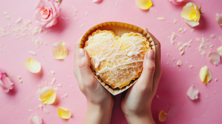 Female hands holding a cupcake in the shape of a heart on a pink backgroundの素材