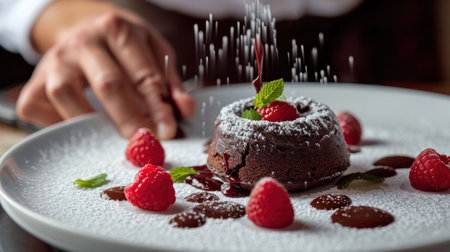 a person sprinkling icing on a chocolate cake on a plate with raspberries on the side. .の素材