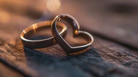 a couple of rings sitting on top of a wooden table with a heart shaped ring on top of the ring. .の素材