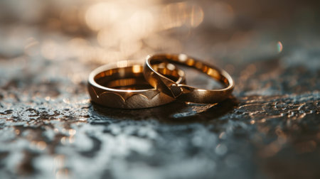 Wedding rings on a wooden background. Close-up.の素材