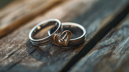 Wedding rings on a wooden background. Wedding rings on a wooden backgroundの素材