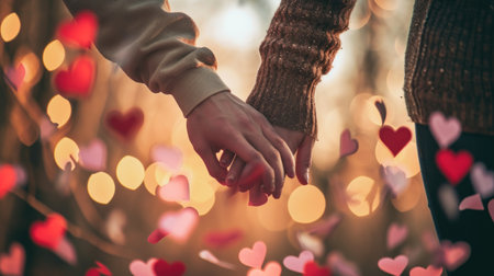 Valentine's day, love, romance and dating concept - close up of couple holding hands over bokeh backgroundの素材