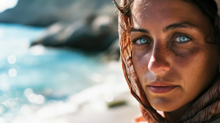 Close up portrait of a beautiful young woman on the seashoreの素材