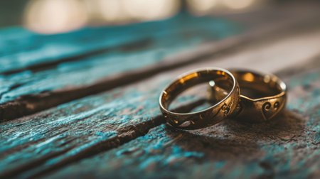 Wedding rings on a wooden background. Wedding rings on a wooden backgroundの素材