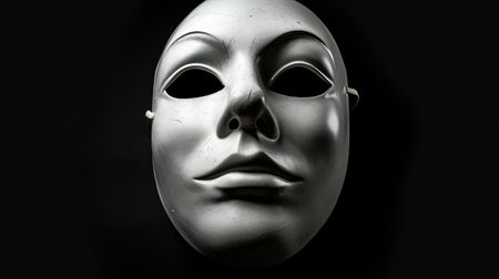 Black and white photo of a silver mask on a black background.の素材
