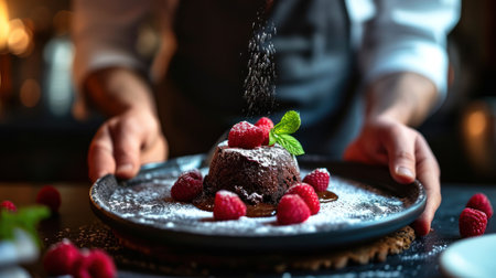 Chocolate cake with fresh raspberries and mint on a white plateの素材