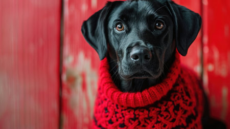 Portrait of a black labrador retriever in a red scarf.の素材