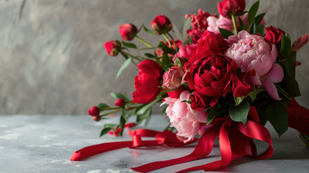 Bouquet of red and pink peonies on a gray backgroundの素材