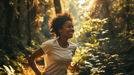 Young african american woman jogging in forest at sunset.の素材