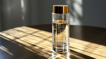 Bottle of perfume on table in sunlight. Mockup for designの素材
