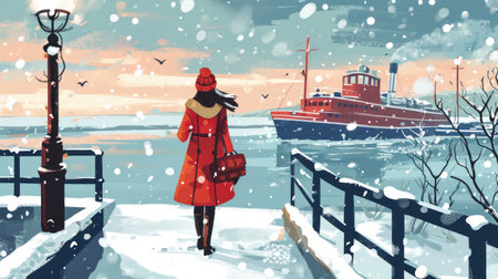 Winter cityscape. Young woman in a red coat on the embankment with a red ship in the background.の素材