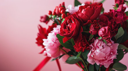 Bouquet of red and pink peonies on a pink backgroundの素材