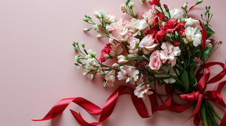 Bouquet of pink and white flowers with red ribbon on pink backgroundの素材