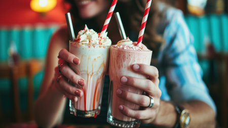 Closeup on two cups of milkshakes in the hands of a young coupleの素材