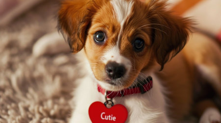Cute dog with red heart, close-up. Small dog.の素材
