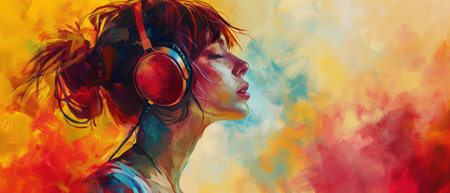 Young woman with headphones listening to music. Multicolored painting.の素材