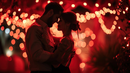 Young couple in love kissing on the background of a red bokehの素材