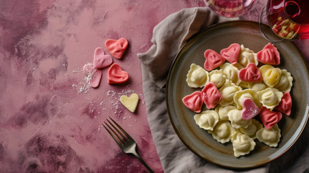 Valentine's Day background with heart shaped ravioli. Top view.の素材