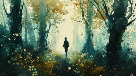 Digital painting of a young man walking through the forest. Digital painting.の素材