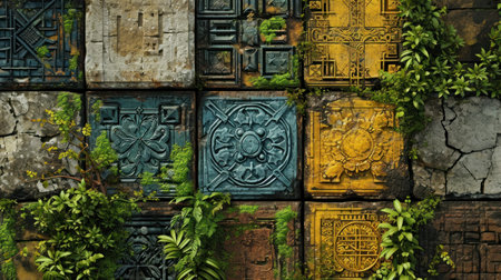 Old brick wall with green plants. 3d rendering. Computer digital drawing.の素材