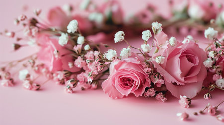 Pink roses and gypsophila flowers on a pink background.の素材