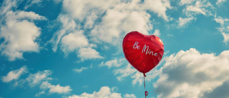 Red heart balloon on blue sky background. Valentines Day concept.の素材