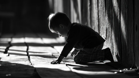 Cute little boy playing in the shadow of a wooden house.の素材