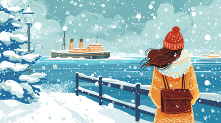 Vector illustration of a girl in a hat and scarf on the background of a winter landscape with a ship and snowfall.の素材