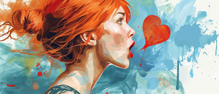 Beautiful young woman with red hair and heart. Vector illustration.の素材