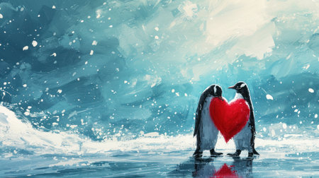 Two penguins in love on ice floe with a red heartの素材