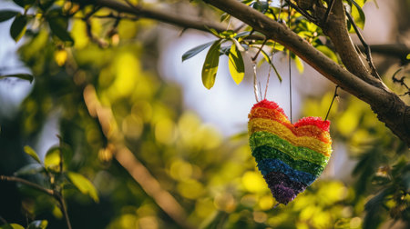 Rainbow heart hanging on a tree branch with bokeh backgroundの素材