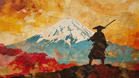 a painting of a man with a sword standing in front of a mountain with a snow capped mountain in the background. .の素材