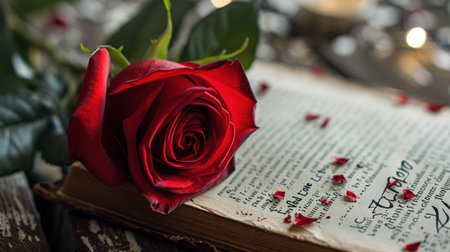 Red rose on old book with candle in background. Valentine's day conceptの素材
