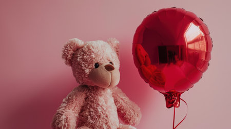 Teddy bear with red heart-shaped balloon on pink background.の素材