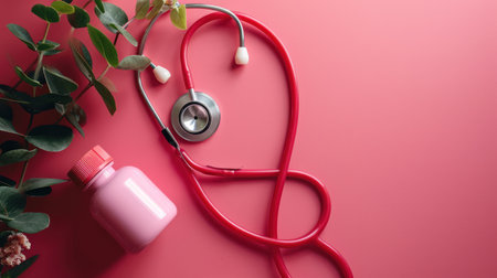 Red stethoscope and bottle of pills on pink background, top viewの素材