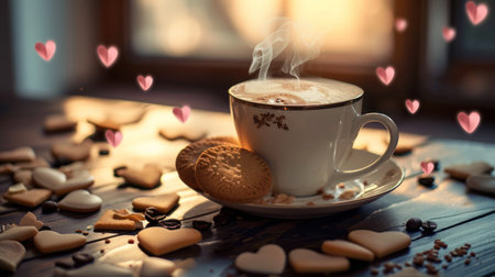 Cup of cappuccino with heart shaped cookies on wooden tableの素材