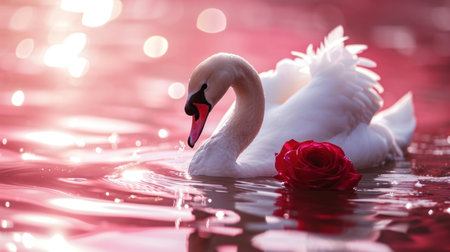 Beautiful white swan with red rose on water surface, romantic backgroundの素材