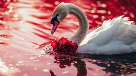 a swan with a rose in it's beak floating on a body of water in front of a red background. .の素材