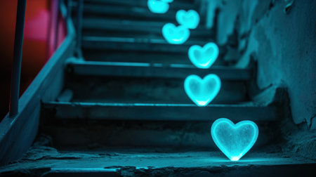 Blue heart light on stairs in dark room. Valentine's day concept.の素材