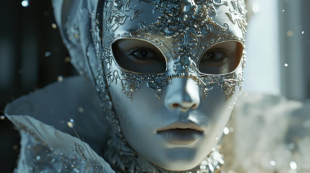 Close-up portrait of a beautiful woman in silver mask. 3d renderingの素材