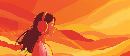 Illustration of a young woman listening to music with headphones on a sunset backgroundの素材