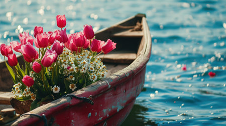 Bouquet of pink tulips in a wooden boat on the lakeの素材