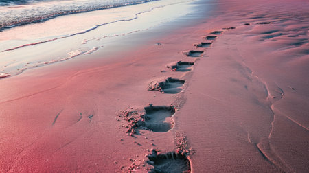 a beach with footprints in the sand and a wave coming in to the shore and a pink sky in the background. .の素材